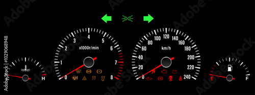 Car Dashboard. Car Panel Display. Car Speedometer Dashboard. Tachometer or Odometer Display. Vector Illustration.