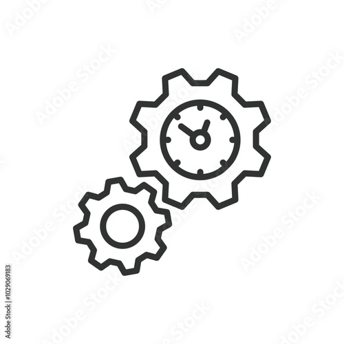 Cog clocks, in line design. Cog clocks, gears, timekeeping, mechanism, synchronization, clockwork, efficiency on white background vector. Cog clocks editable stroke icon