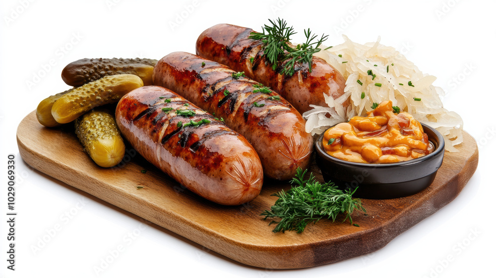 Grilled bratwurst sausages served on wooden platter with pickles, sauerkraut, and baked beans create delicious and hearty meal. vibrant colors and textures evoke sense of comfort and satisfaction Grilled bratwurst sausages served on wooden platter with pickles, sauerkraut, and baked beans create delicious and hearty meal. vibrant colors and textures evoke sense of comfort and satisfaction
