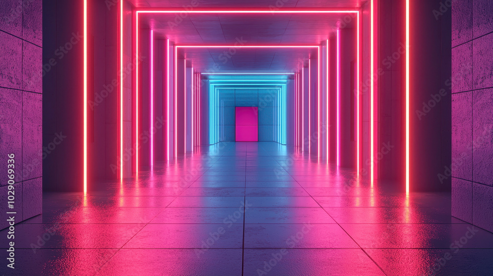 vibrant corridor featuring neon lights in pink and blue hues creates futuristic atmosphere. sleek, reflective floor enhances avant garde design, inviting exploration vibrant corridor featuring neon lights in pink and blue hues creates futuristic atmosphere. sleek, reflective floor enhances avant garde design, inviting exploration