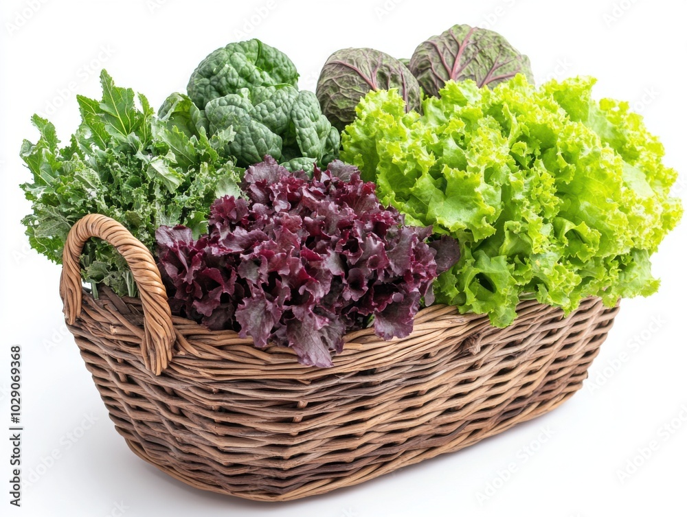 A wicker basket overflowing with a vibrant variety of fresh lettuces and kale, showcasing shades of green and purple, perfect for a healthy and organic lifestyle. A wicker basket overflowing with a vibrant variety of fresh lettuces and kale, showcasing shades of green and purple, perfect for a healthy and organic lifestyle.