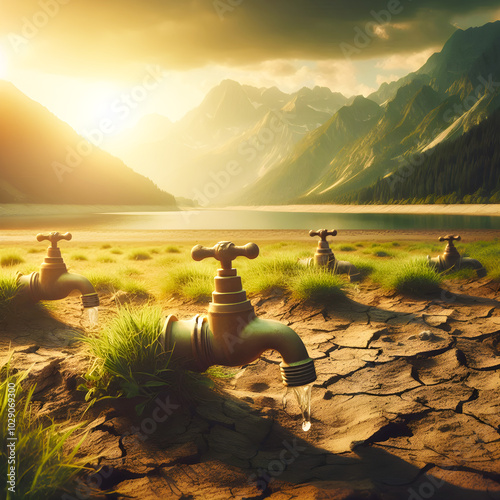 Water scarcity concept: faucets dripping on dry cracked earth