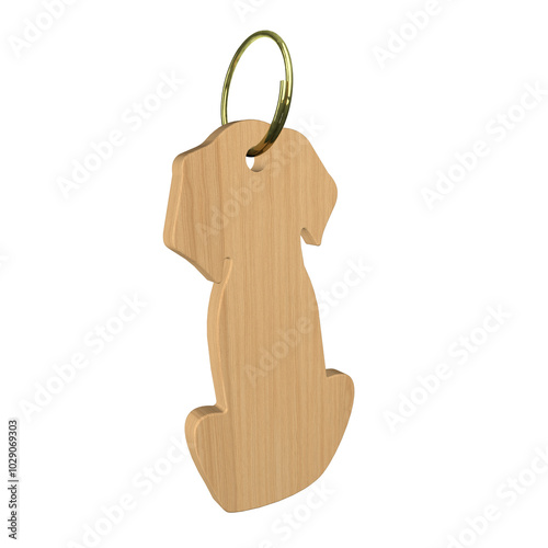 Wooden dog shaped keychain isolated on transparent background