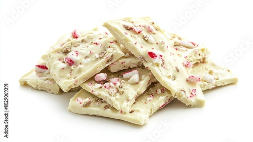 Festive candy cane bark with white chocolate and peppermint pieces, broken into bite-sized chunks on white background photo