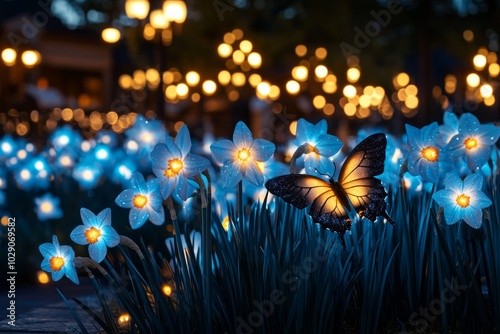 A mystical garden filled with Narcissus flowers that sparkle with magical dust, as butterflies with glowing wings flutter around, creating a dreamlike spring world photo