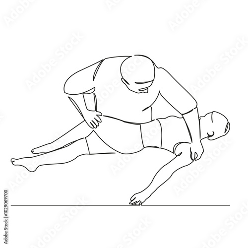 One continuous single drawing line art flat doodle woman, patient, physical therapy, two people, people, adult, back, indoor, massaging. Isolated image hand draw contour on a white background