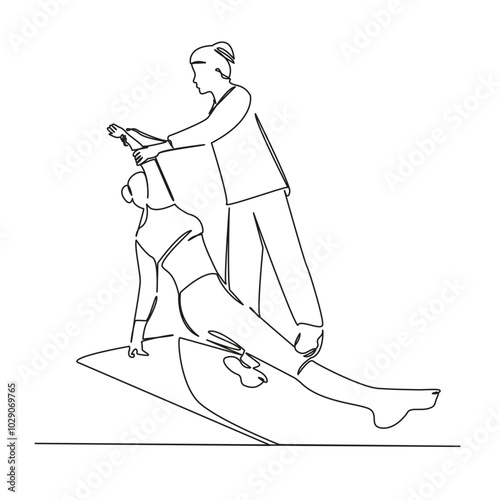 One continuous single drawing line art flat doodle indoor, patient, person, osteopath, physical therapy, doctor, recovery, woman, physical therapist, exercising. Isolated image hand draw contour on a 
