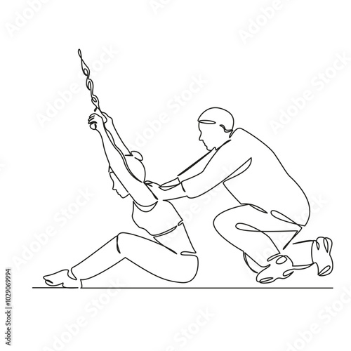 One continuous single drawing line art flat doodle physical therapy, person, woman, physical therapist, patient, recovery, care, osteopath, female, exercising. Isolated image hand draw contour on a wh