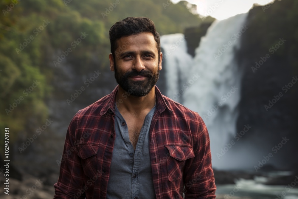 Portrait of a satisfied indian man in his 30s dressed in a relaxed flannel shirt over backdrop of a spectacular waterfall Portrait of a satisfied indian man in his 30s dressed in a relaxed flannel shirt over backdrop of a spectacular waterfall