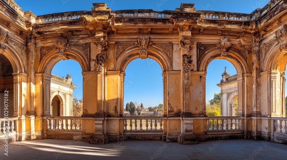 A panoramic view of a crumbling balcony with ornate arches leading to a courtyard, showcasing the architectural beauty of a historical structure. A panoramic view of a crumbling balcony with ornate arches leading to a courtyard, showcasing the architectural beauty of a historical structure.