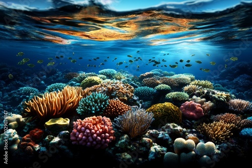 Fototapeta Naklejka Na Ścianę i Meble -  A panoramic photo of a colorful coral reef underwater, with schools of fish swimming around vibrant corals and sea plants, capturing the beauty of marine life