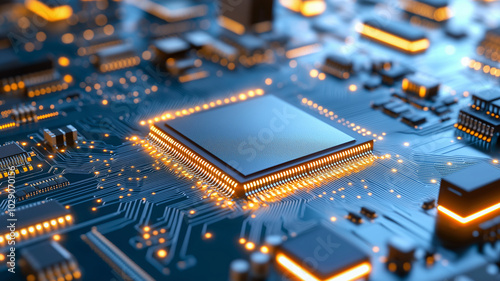 A close up view of circuit board with glowing components, showcasing technology