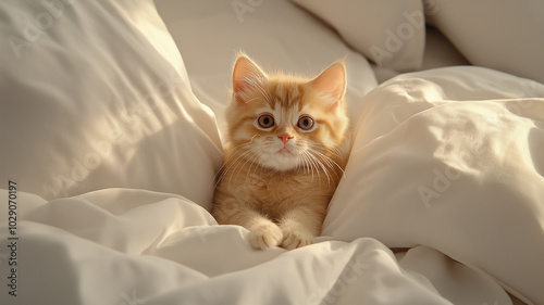 A fluffy orange kitten peeks out from soft white bedding, exuding curiosity and charm