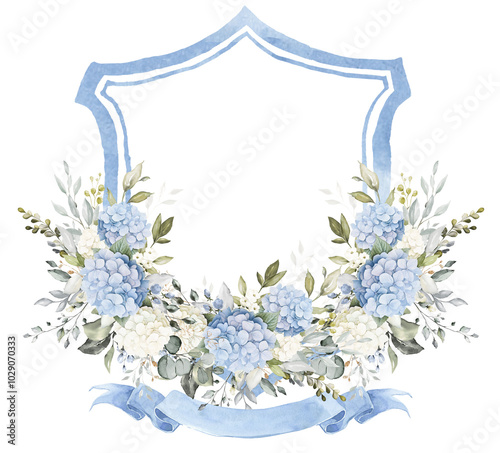 Fototapeta Naklejka Na Ścianę i Meble -  Floral Blue Hydrangea Greenery Blue White Watercolor Flowers Wedding Crest template PNG. Wedding Design	