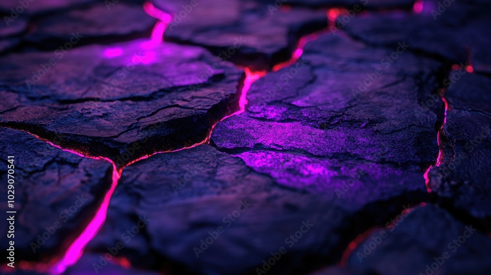Macro shot of a black stone texture with iridescent neon purple fractures, creating a surreal, glowing effect Macro shot of a black stone texture with iridescent neon purple fractures, creating a surreal, glowing effect