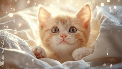 A curious kitten peeks out from cozy blanket, radiating warmth and charm