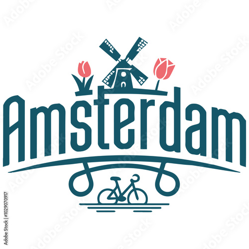 Amsterdam Logo with Windmill, Tulips, and Bicycle
