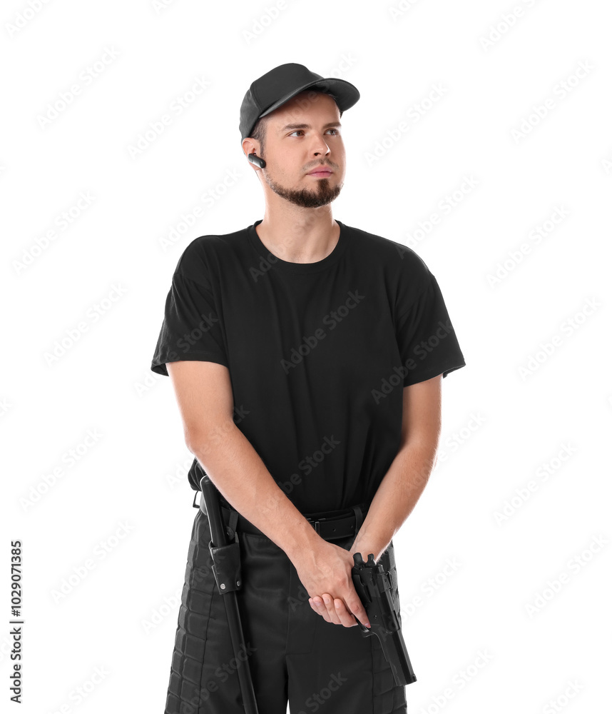 Young bodyguard with gun isolated on white Young bodyguard with gun isolated on white
