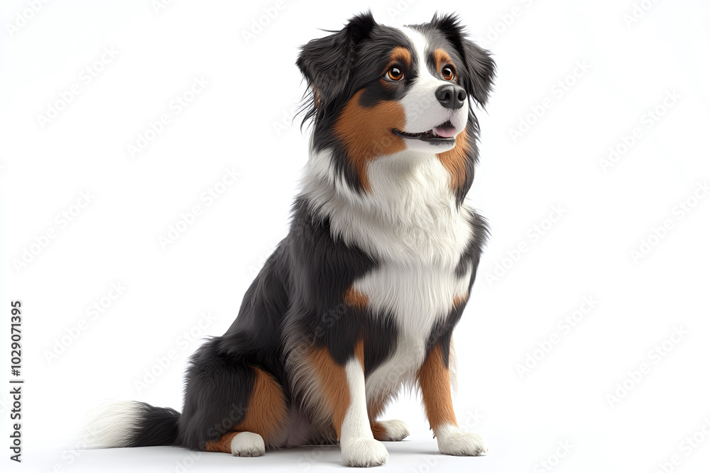 Cute Australian Shepherd: An Australian Shepherd sitting with a focused expression against a white background Cute Australian Shepherd: An Australian Shepherd sitting with a focused expression against a white background