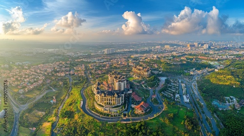 Aerial Panorama view of lunar castles and French village on the top of Ba Na Hills, streets and campuses at the famous tourist destination of Da Nang, Vietnam. Near Golden bridge. photo