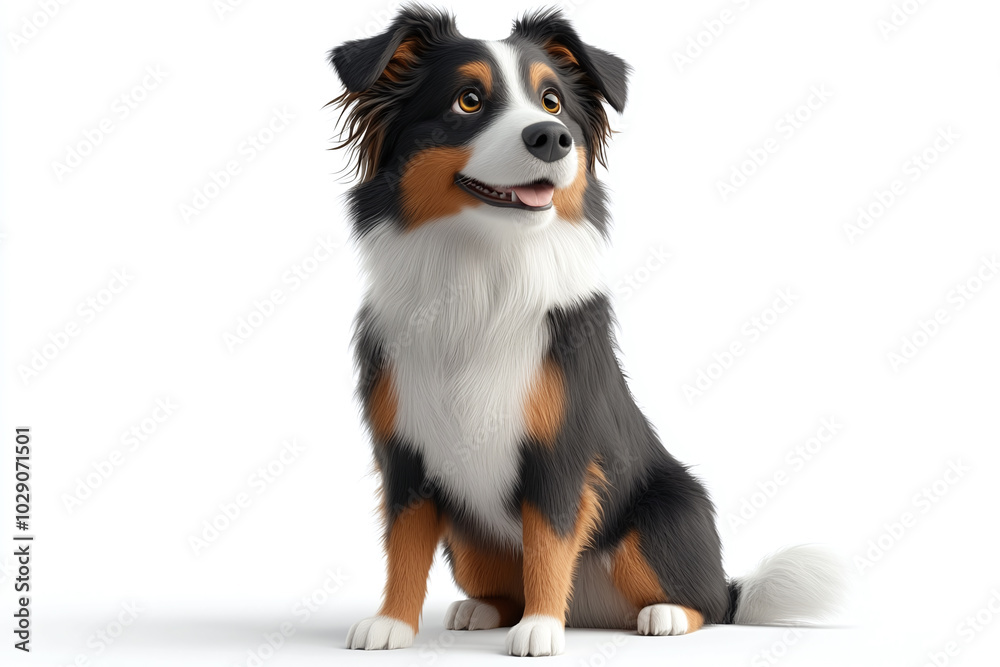 Cute Australian Shepherd: An Australian Shepherd sitting with a focused expression against a white background Cute Australian Shepherd: An Australian Shepherd sitting with a focused expression against a white background