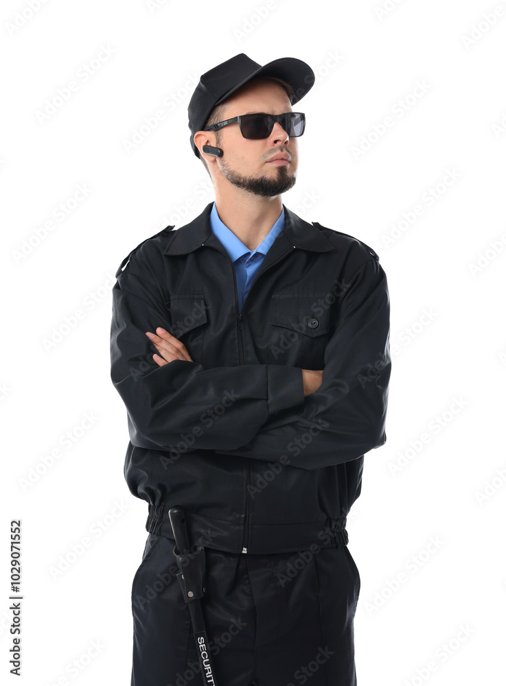 Security guard in uniform and sunglasses isolated on white Security guard in uniform and sunglasses isolated on white