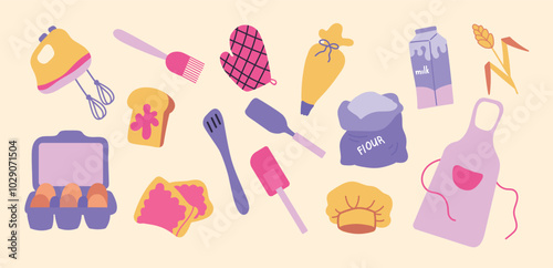 Bakery stickers mixer, eggs, chief's hat, flour, kitchen spatulas. Vector doodle kitchen stickers.