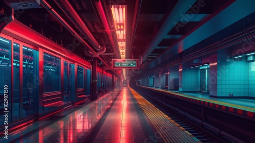 Futuristic Subway Station with Neon Lights