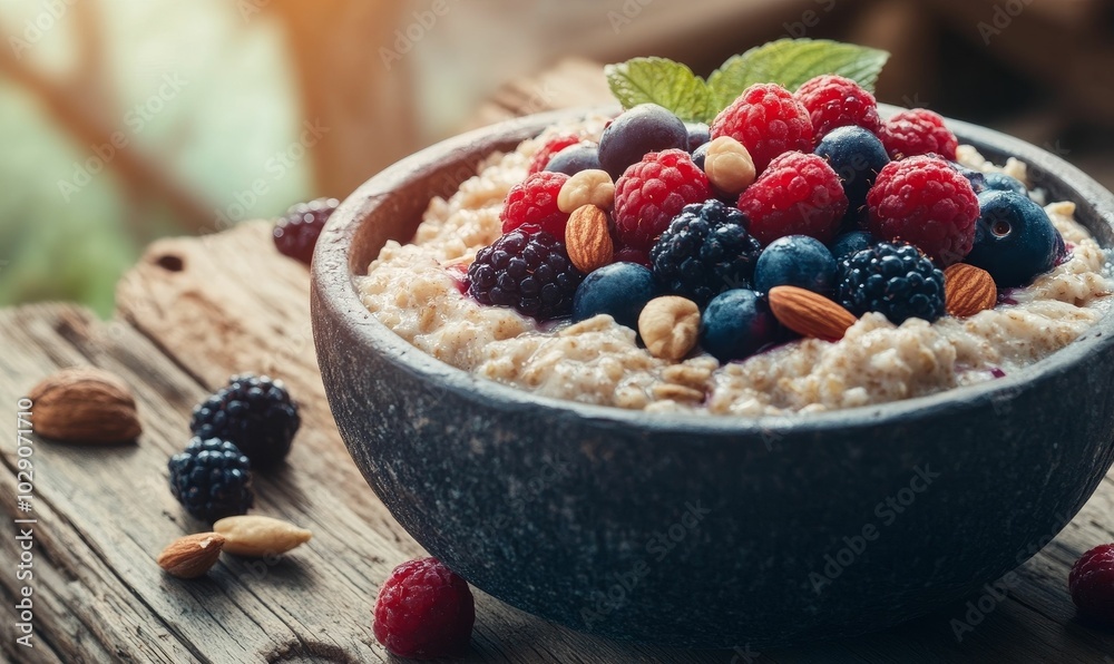 Oatmeal bowl with raspberries, blueberries, and almonds. Oatmeal bowl with raspberries, blueberries, and almonds.