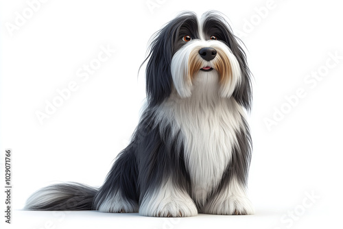 Cute Bearded Collie: A Bearded Collie sitting with its long, flowing fur against a white background