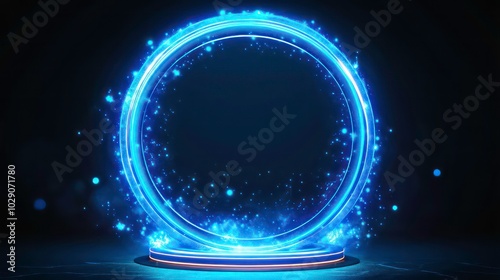 Glowing blue neon circle with sparks on a dark background, perfect for showcasing your product or brand.