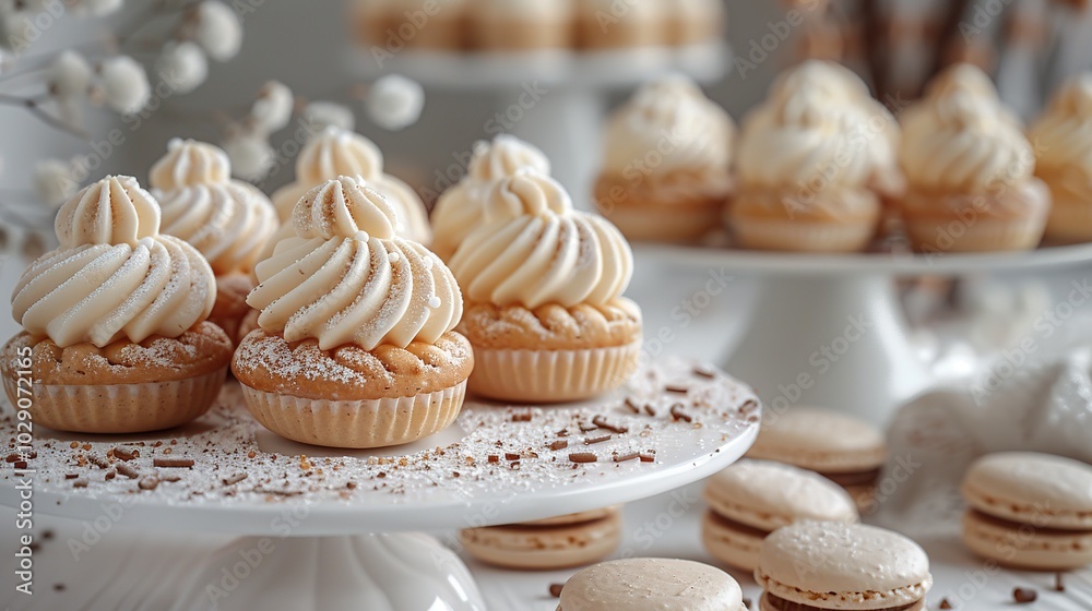A close up of a white cake stand with several small, cream-filled pastries topped with white frosting and powdered sugar. There are other pastries and macarons in the background. A close up of a white cake stand with several small, cream-filled pastries topped with white frosting and powdered sugar. There are other pastries and macarons in the background.