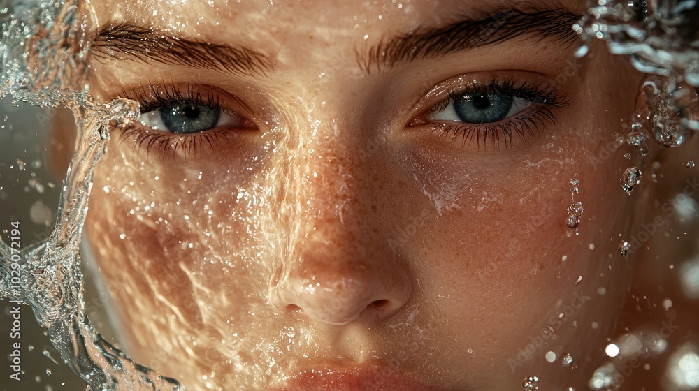 Model face mid-splash with water droplets captured, highlighting the invigorating effect of a cleanser Model face mid-splash with water droplets captured, highlighting the invigorating effect of a cleanser