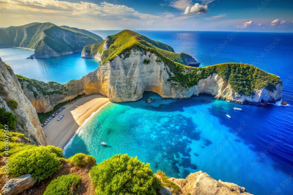 Fototapeta premium Navagio Beach on Zakynthos Island features breathtaking turquoise waters, dramatic cliffs, and mesmerizing scenery, creating a paradise that enchants