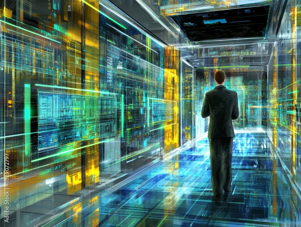 Businessman Explores Vibrant Virtual Metaverse Space Businessman Explores Vibrant Virtual Metaverse Space