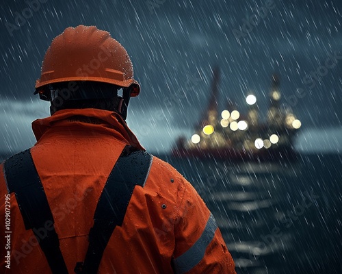 Industrial Worker in Rain Under Vibrant Orange Elements