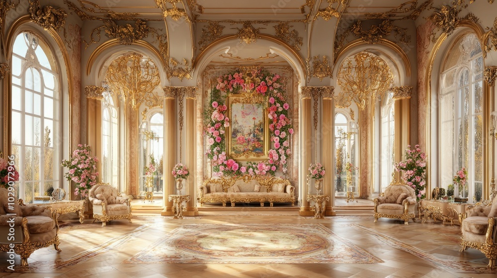 Fototapeta premium Opulent palace hall with hand-painted walls adorned with pink roses and flowers, floor-to-ceiling windows, and golden furnishings