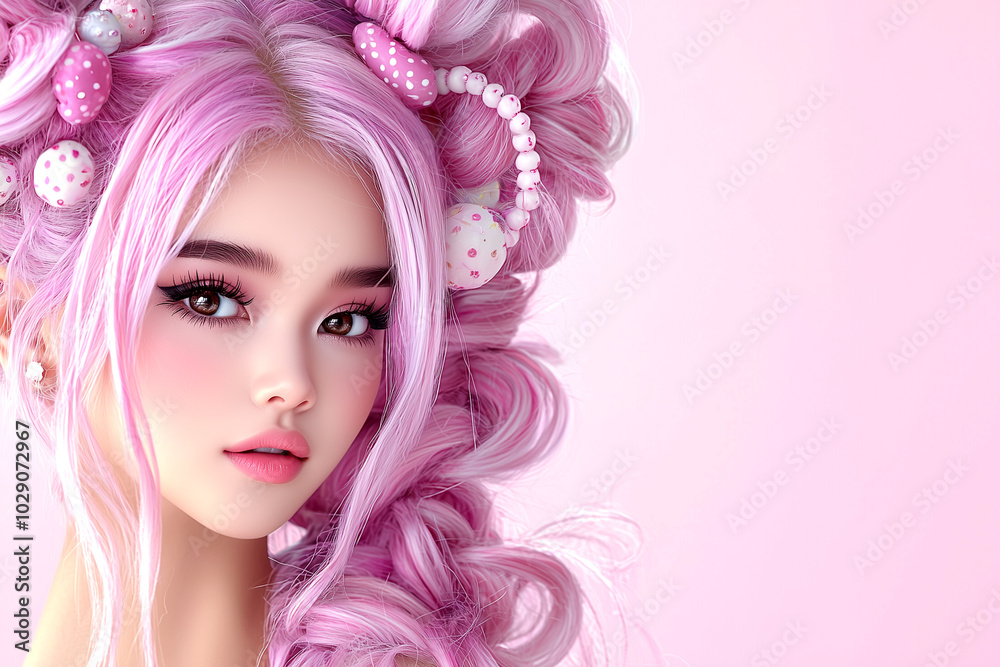 A girl with pink hair and a pink background. She is wearing a lot of accessories A girl with pink hair and a pink background. She is wearing a lot of accessories