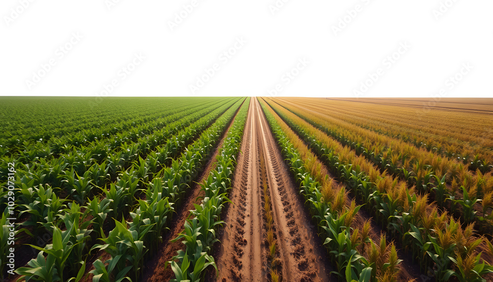 Aerial shot of cultivated soybean and corn field from drone pov isolated with white highlights, png Aerial shot of cultivated soybean and corn field from drone pov isolated with white highlights, png
