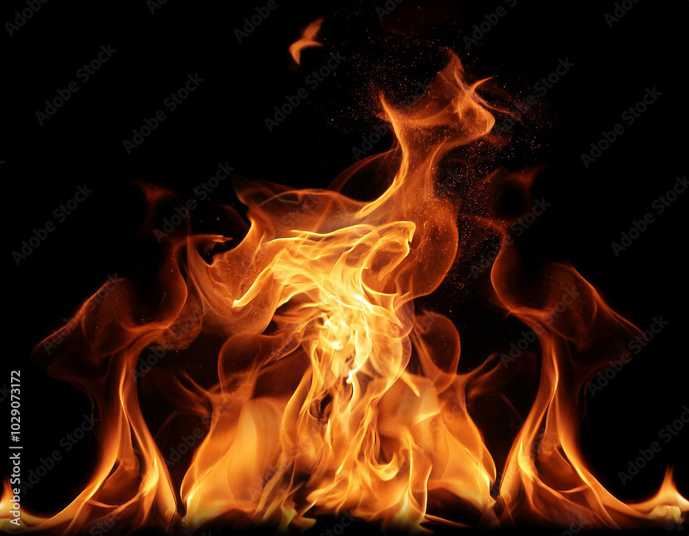 Fototapeta premium Flame Flame Texture For Strange Shape Fire Background Flame meat that is burned from the stove or from cooking. danger feeling abstract black background Suitable for banners or advertisements.