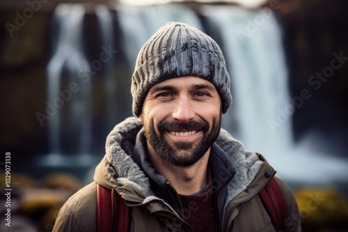 Portrait of a grinning man in his 30s donning a warm wool beanie while standing against backdrop of a spectacular waterfall