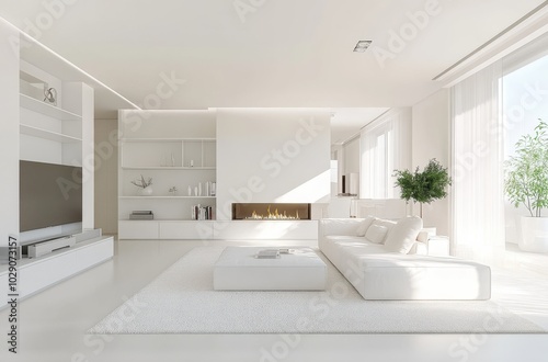 Bright minimalist living room with white furniture, fireplace, and plants.