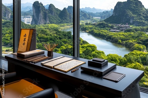 A scholar's desk filled with scrolls and bamboo brushes, set beside a window with views of mountains and rivers, representing the quiet contemplation and wisdom that inspire Eastern poetry photo