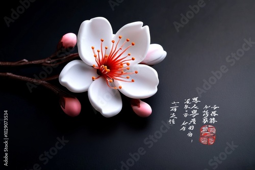 A single delicate cherry blossom with a haiku written beside it, with minimal color and clean lines, capturing the fleeting beauty and deep insight of Eastern poetry