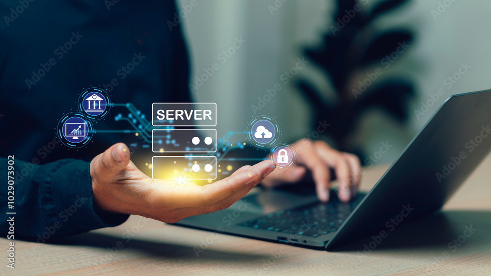 businessman use Laptop with cloud or server computing diagram show on hand. Cloud technology. Data storage. Networking and internet service concept.