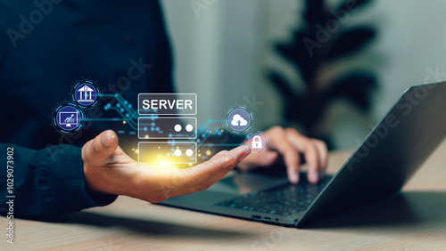 Obraz na płótnie businessman use Laptop with cloud or server computing diagram show on hand. Cloud technology. Data storage. Networking and internet service concept. w salonie