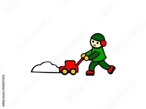  a Kid playing with a toy snow plow in the snow vector art illustration design on a white background.