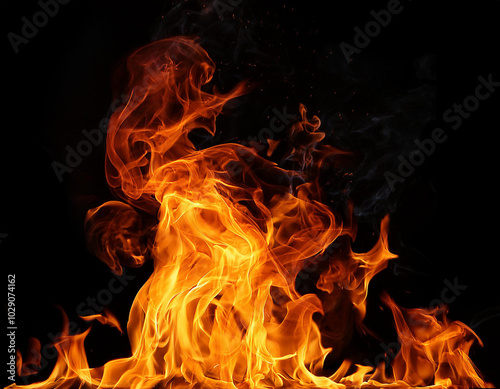 Flame Flame Texture For Strange Shape Fire Background Flame meat that is burned from the stove or from cooking. danger feeling abstract black background Suitable for banners or advertisements.