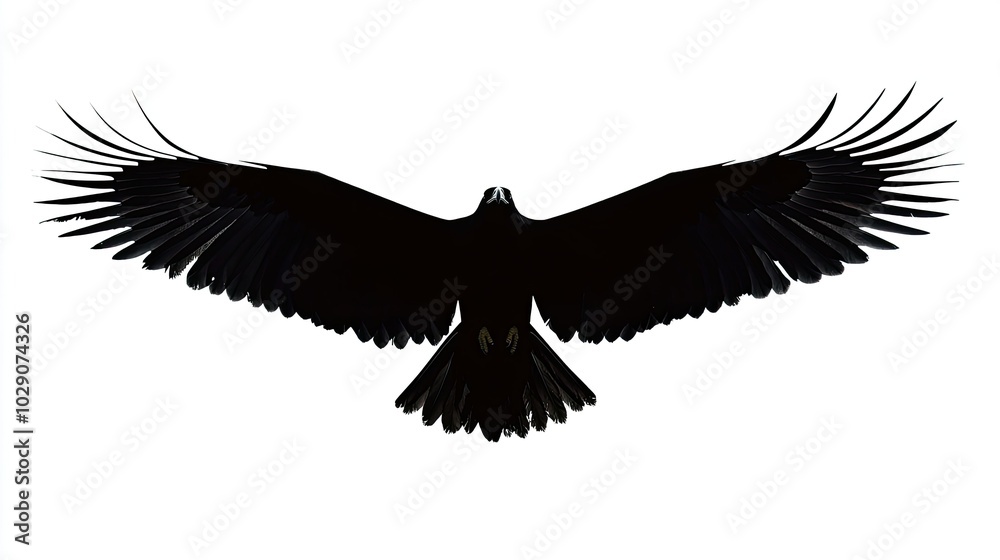 Obraz premium A silhouette of an eagle in flight, wings spread wide, against a white background.