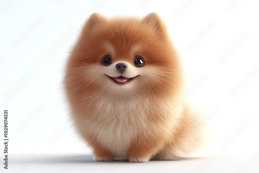 Fototapeta premium Cute Pomeranian: A Pomeranian sitting with its fluffy coat puffed out against a white background